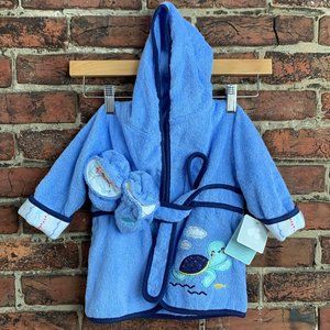 NWT Just Born Blue Turtle Bath Robe & Slipper Set